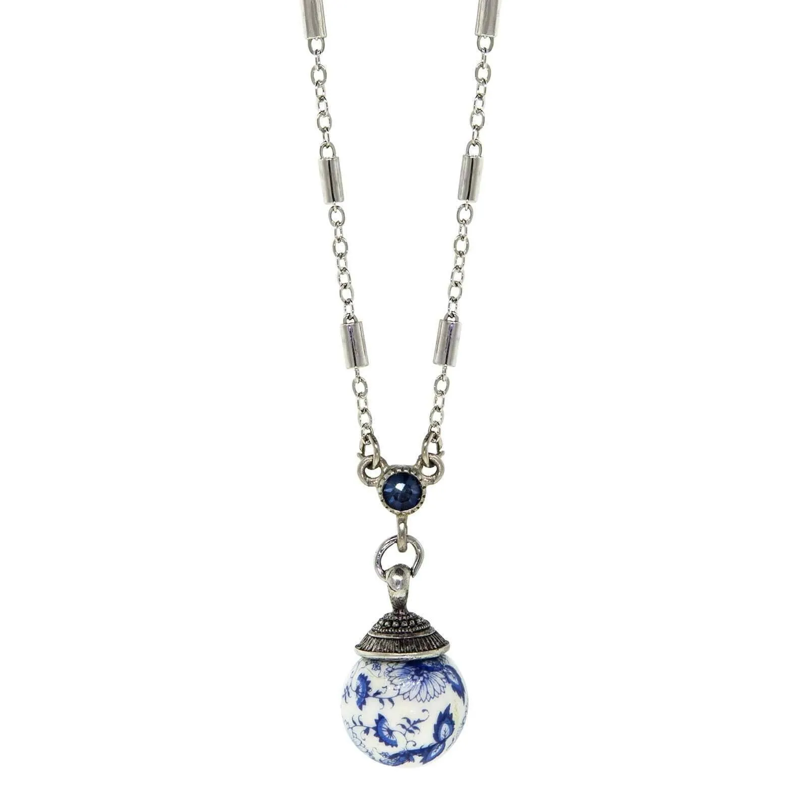 1928 Jewelry Blue Willow Round Beaded Crystal Accent Drop Pendant Necklace 16"   3" Extender 1928 Jewelry