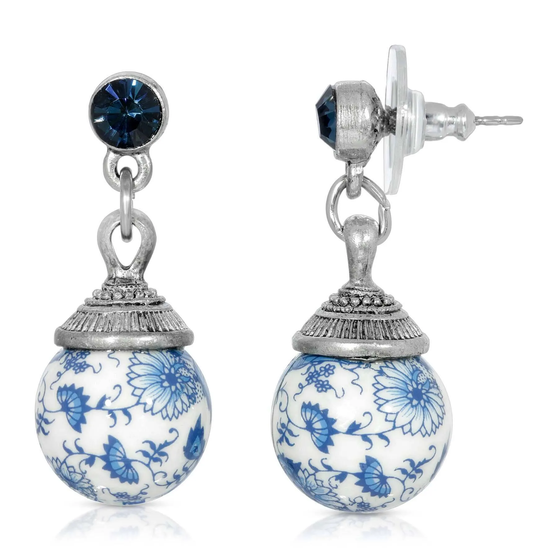 1928 Jewelry Blue Willow Round Beaded Post Drop Earrings 1928 Jewelry
