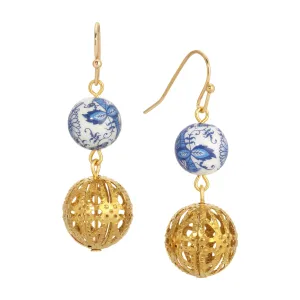1928 Jewelry Blue Willow Round Gold Filigree Dangling Earrings 1928 Jewelry