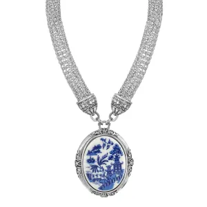 1928 Jewelry Blue Willow Signature Oval Pendant Mesh Tube Chain Necklace 18" 1928 Jewelry