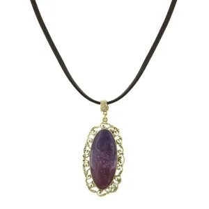 1928 Jewelry Bourges Filigree Amethyst Purple Enamel Antiqued Pendant Brown Faux Suede Necklace 30" 1928 Jewelry