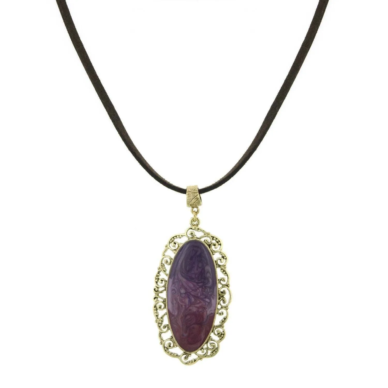 1928 Jewelry Bourges Filigree Amethyst Purple Enamel Antiqued Pendant Brown Faux Suede Necklace 30" 1928 Jewelry