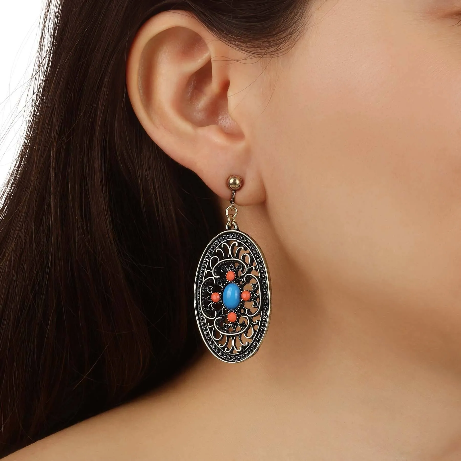 1928 Jewelry Brass Turquoise And Coral Filigree Oval Clip On Earrings 1928 Jewelry