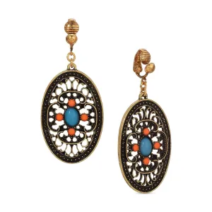 1928 Jewelry Brass Turquoise And Coral Filigree Oval Clip On Earrings 1928 Jewelry
