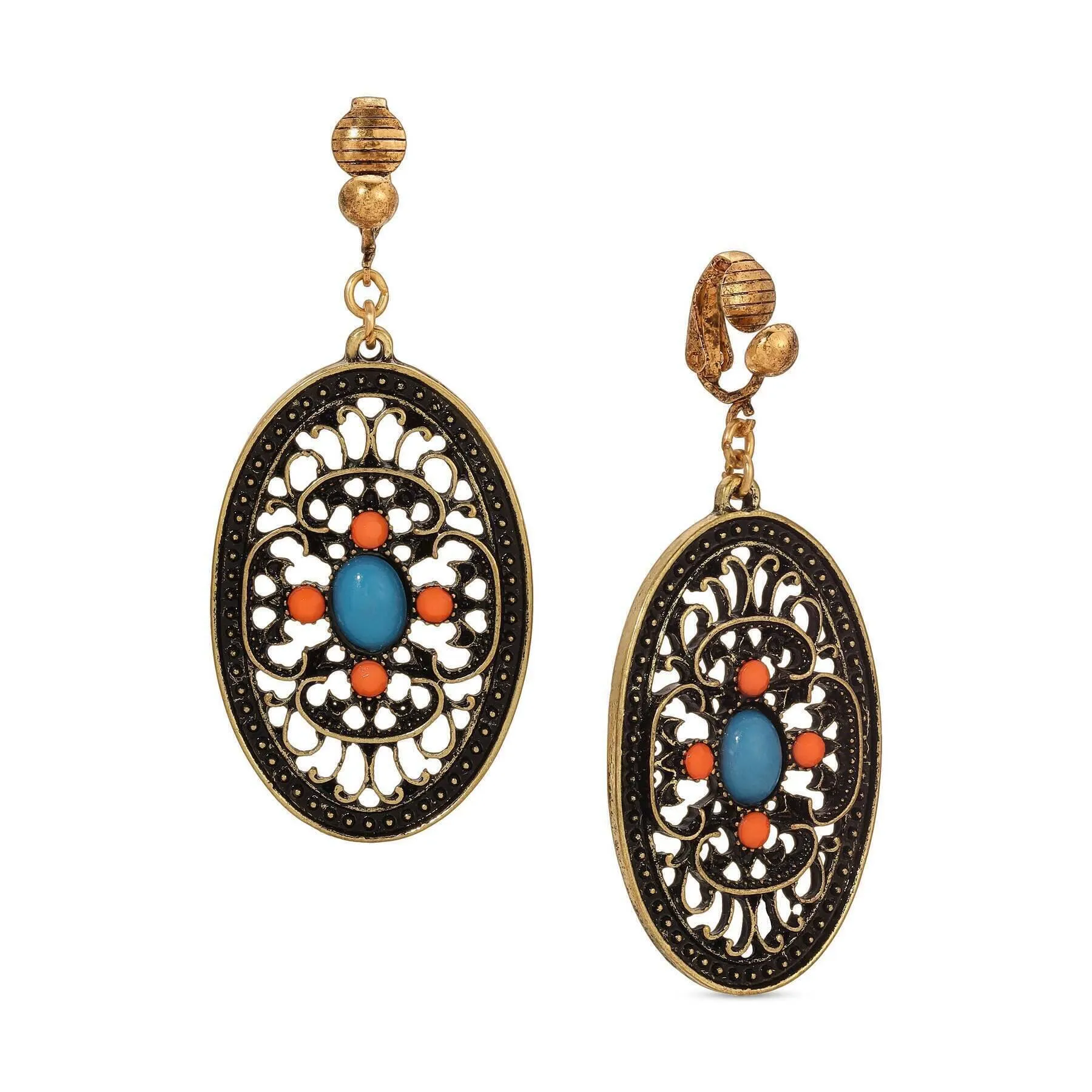 1928 Jewelry Brass Turquoise And Coral Filigree Oval Clip On Earrings 1928 Jewelry