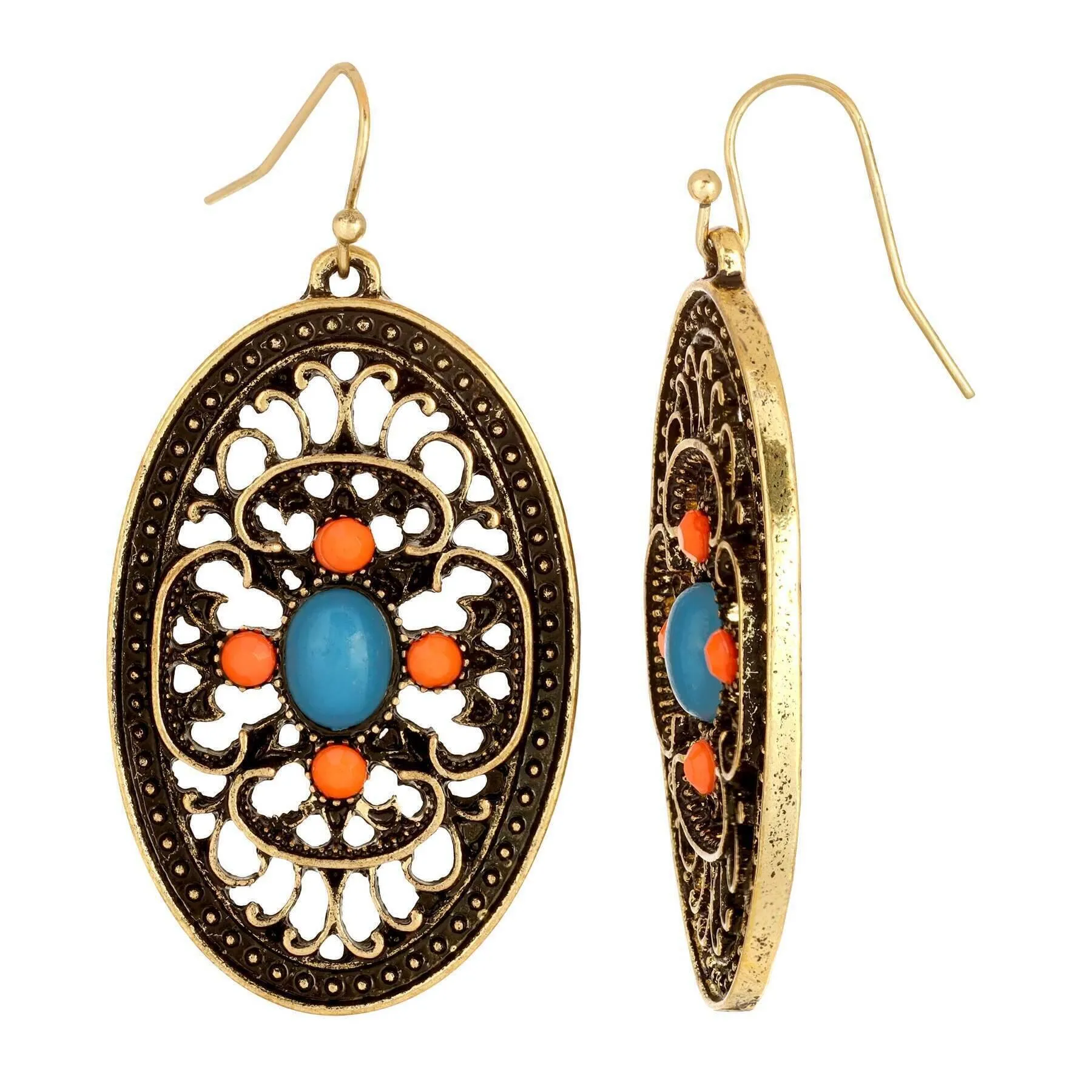 1928 Jewelry Brass Turquoise And Coral Filigree Oval Drop Earrings 1928 Jewelry
