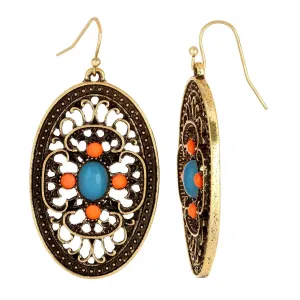 1928 Jewelry Brass Turquoise And Coral Filigree Oval Drop Earrings 1928 Jewelry