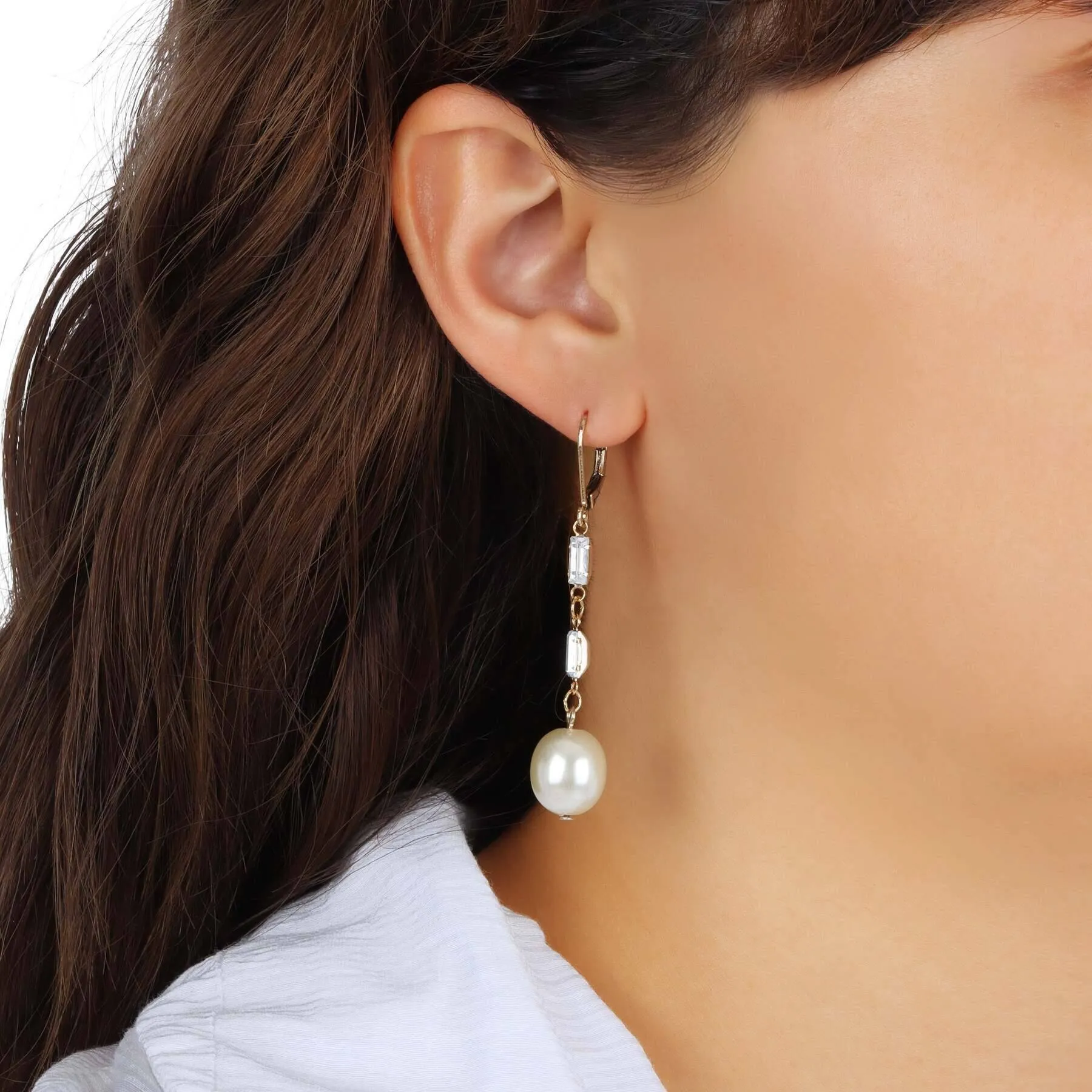 1928 Jewelry Bridal Bliss Faux Pearl & Baguette Crystal Linear Earrings 1928 Jewelry