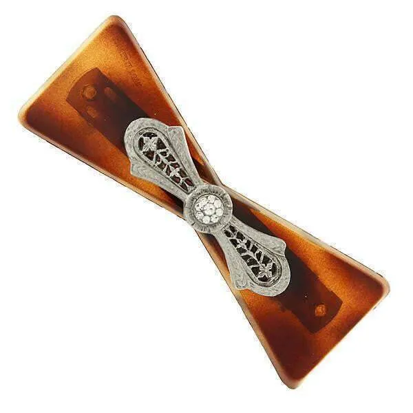 1928 Jewelry Brown Tortoise Filigree And Crystal Accent Hair Barrette 1928 Jewelry