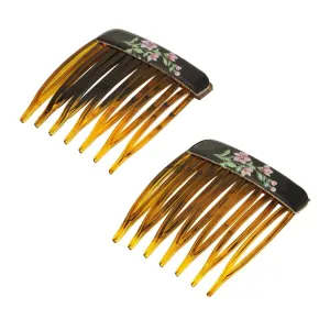 1928 Jewelry Brown Tortoise Floral Decal Hair Comb Set 1928 Jewelry