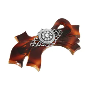 1928 Jewelry Brown Tortoise With Filigree And Crystal Accent Bow Hair Barrette 1928 Jewelry