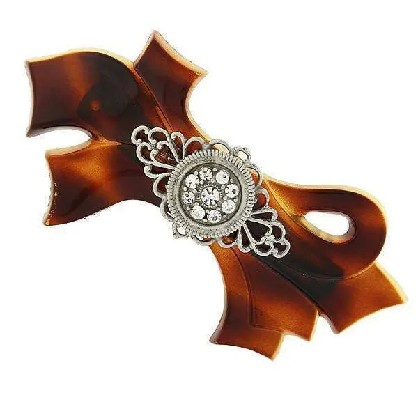 1928 Jewelry Brown Tortoise With Filigree And Crystal Accent Bow Hair Barrette 1928 Jewelry