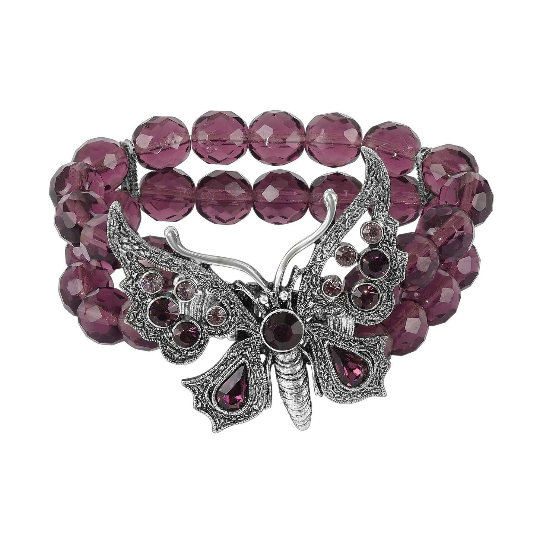 1928 Jewelry Butterfly Amethyst Crystal Fire Polished Beaded Stretch Bracelet 1928 Jewelry