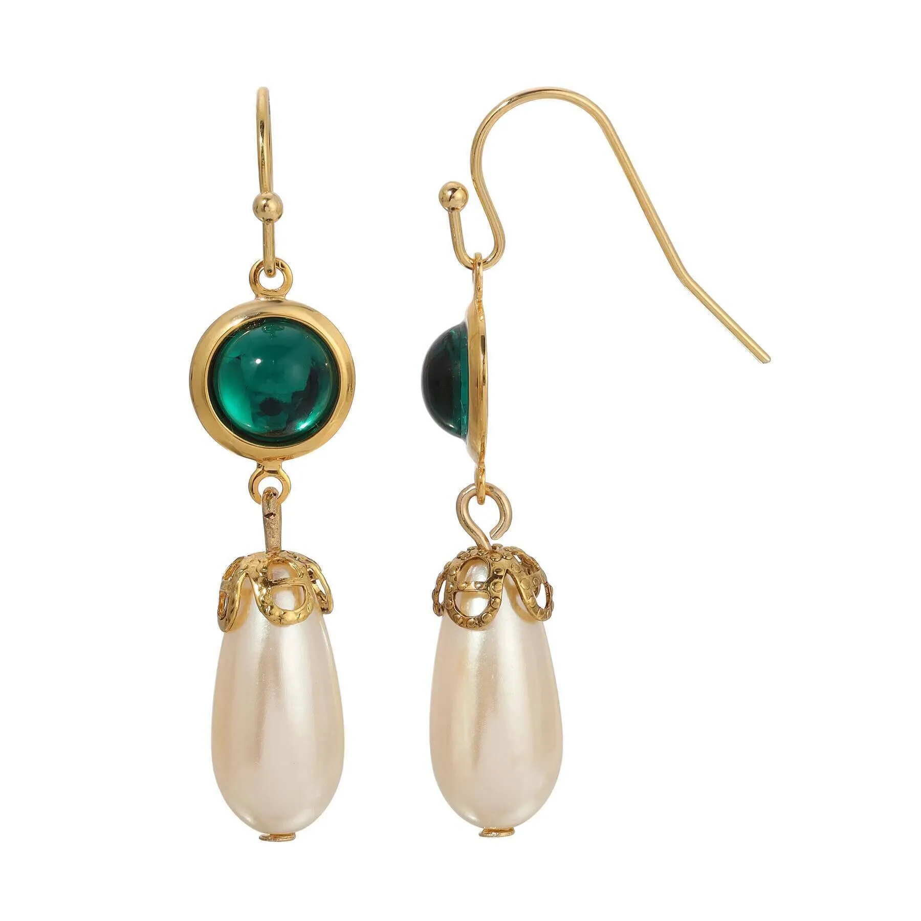1928 Jewelry Cabochon Stones & Pear Shaped Faux Pearl Drop Earrings 1928 Jewelry