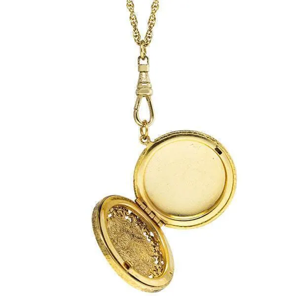 1928 Jewelry Cameo Round Ornate Filigree Locket Necklace 30" 1928 Jewelry