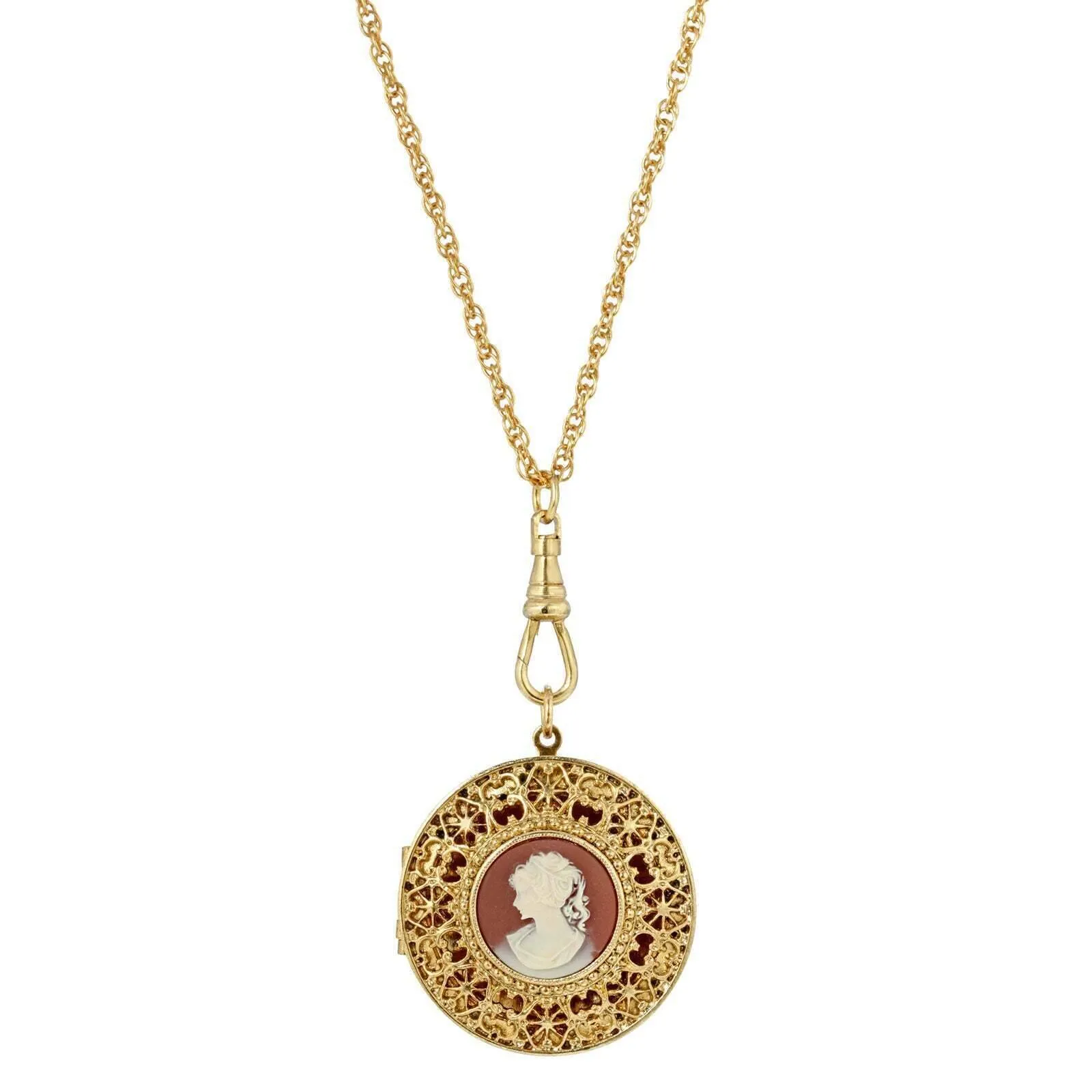 1928 Jewelry Cameo Round Ornate Filigree Locket Necklace 30" 1928 Jewelry