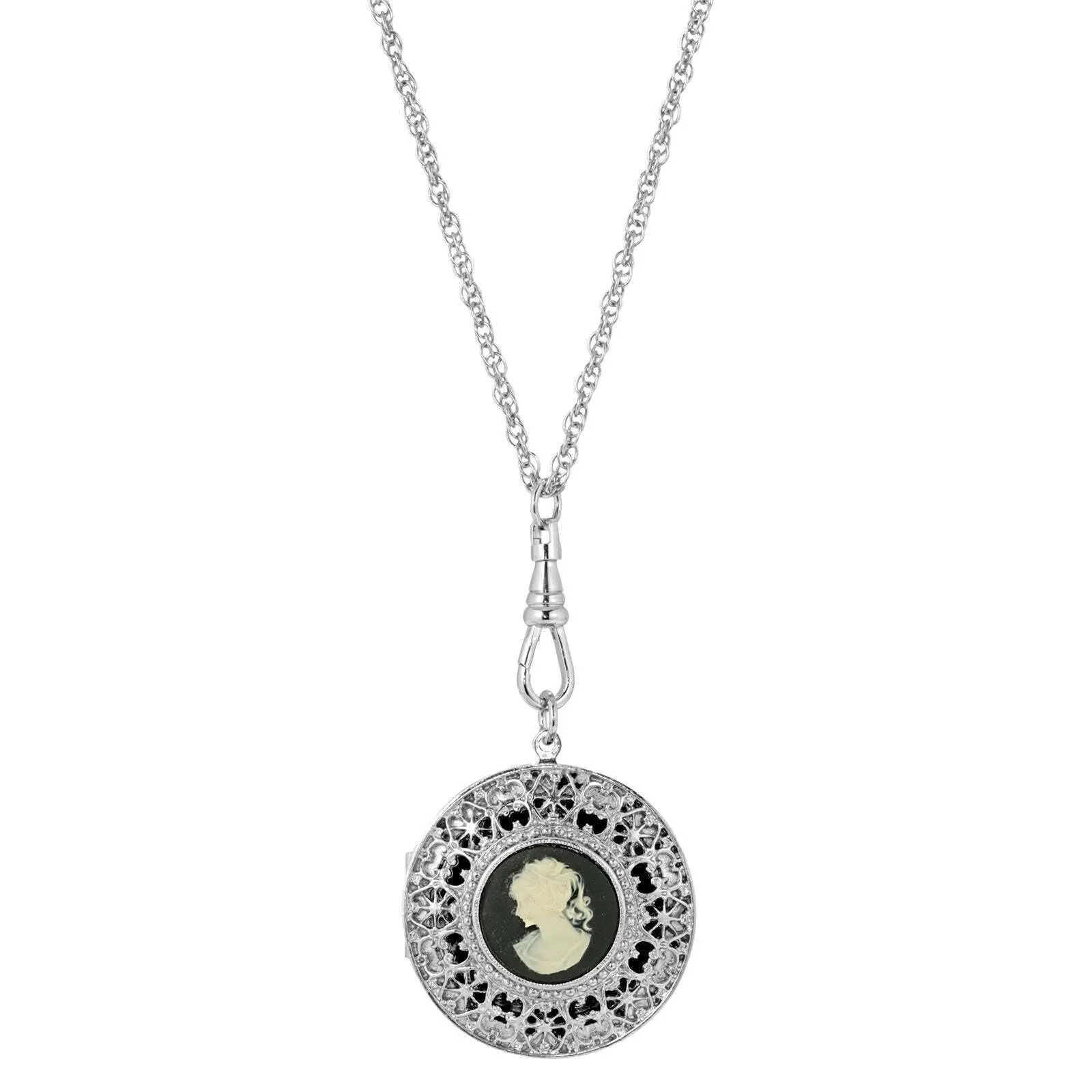 1928 Jewelry Cameo Round Ornate Filigree Locket Necklace 30" 1928 Jewelry