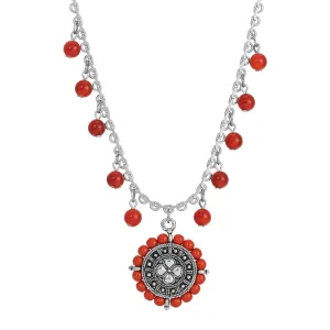 1928 Jewelry Carnelian & Red Jasper Floral Pendant Necklace 15"   3" Extender 1928 Jewelry
