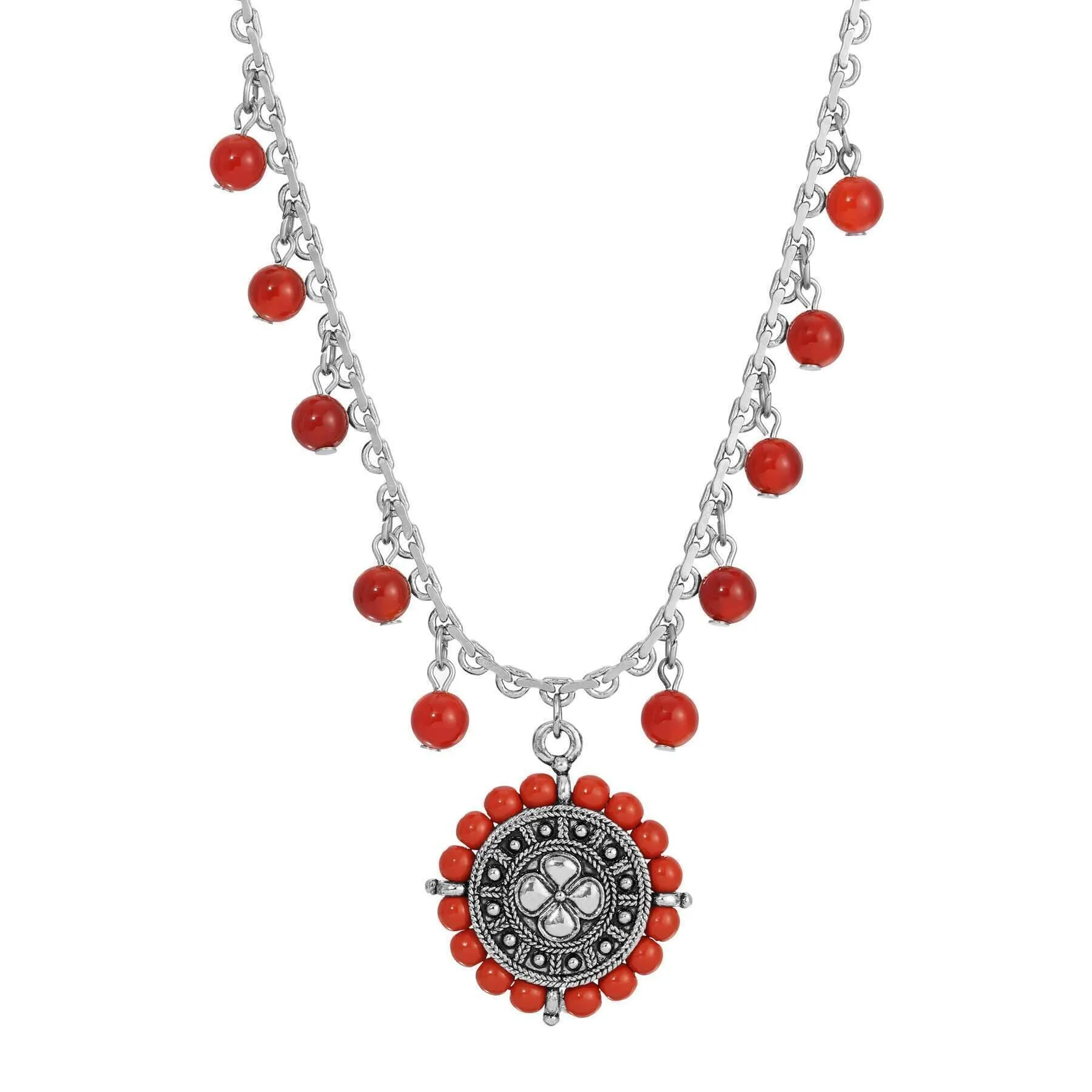 1928 Jewelry Carnelian & Red Jasper Floral Pendant Necklace 15"   3" Extender 1928 Jewelry
