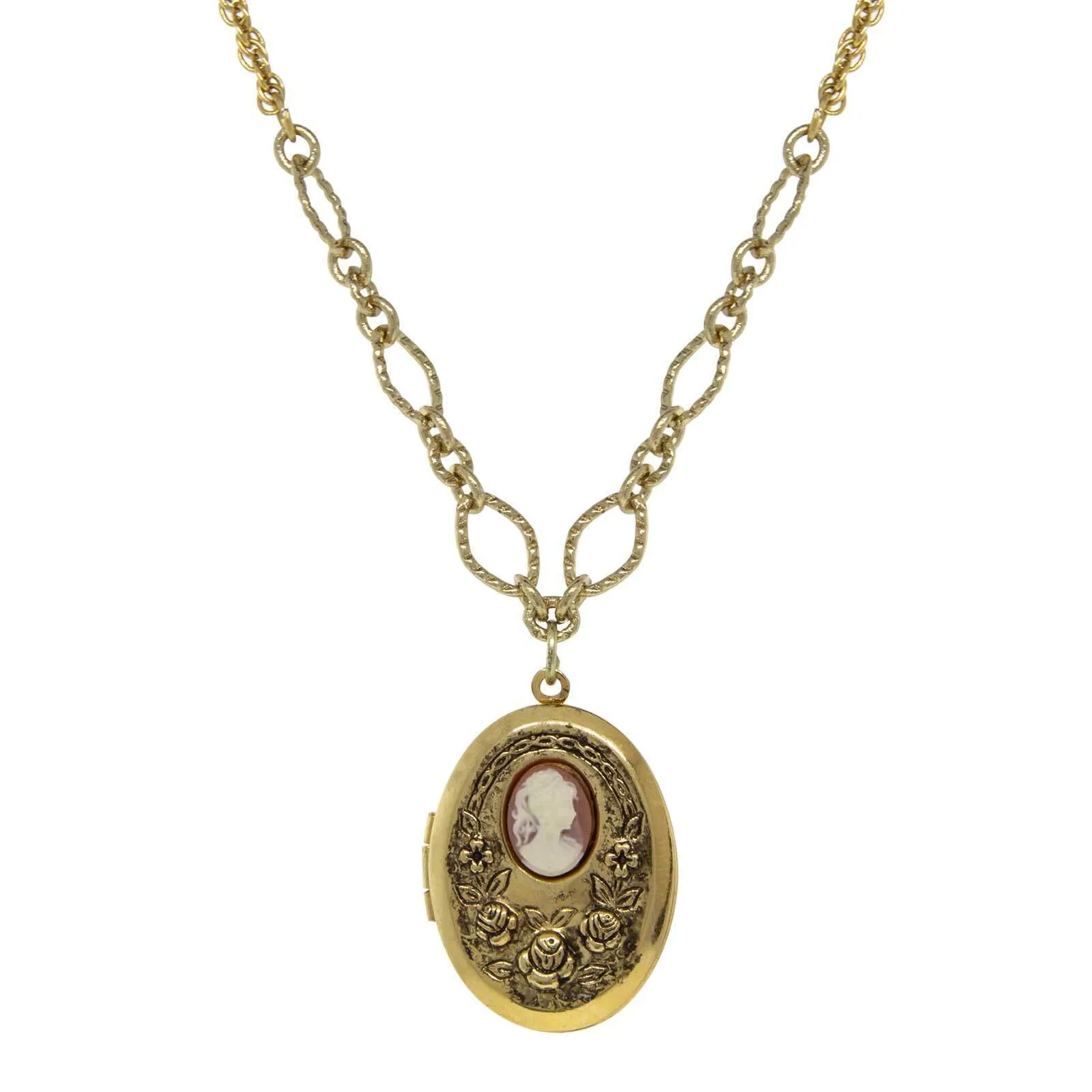 1928 Jewelry Carnelian Cameo With Flowers Oval Locket Necklace 16"   3" Extender 1928 Jewelry