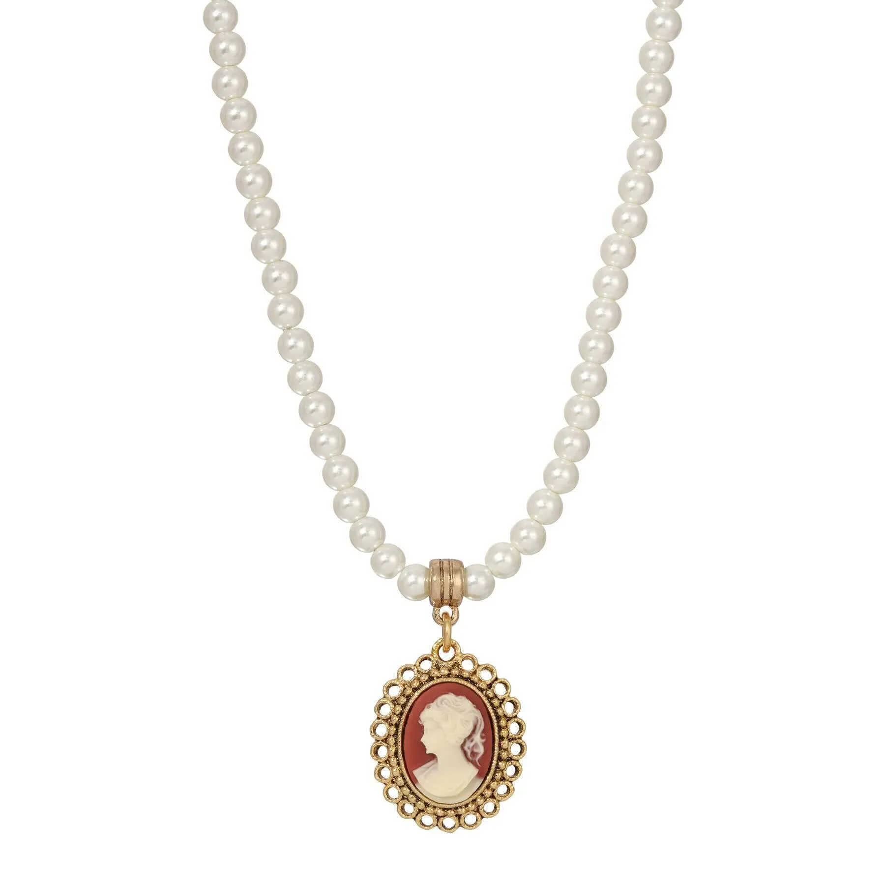 1928 Jewelry Carnelian Red Cameo Pendant 8mm Faux Pearl Strand Necklace Necklace 15"   3" Extension 1928 Jewelry