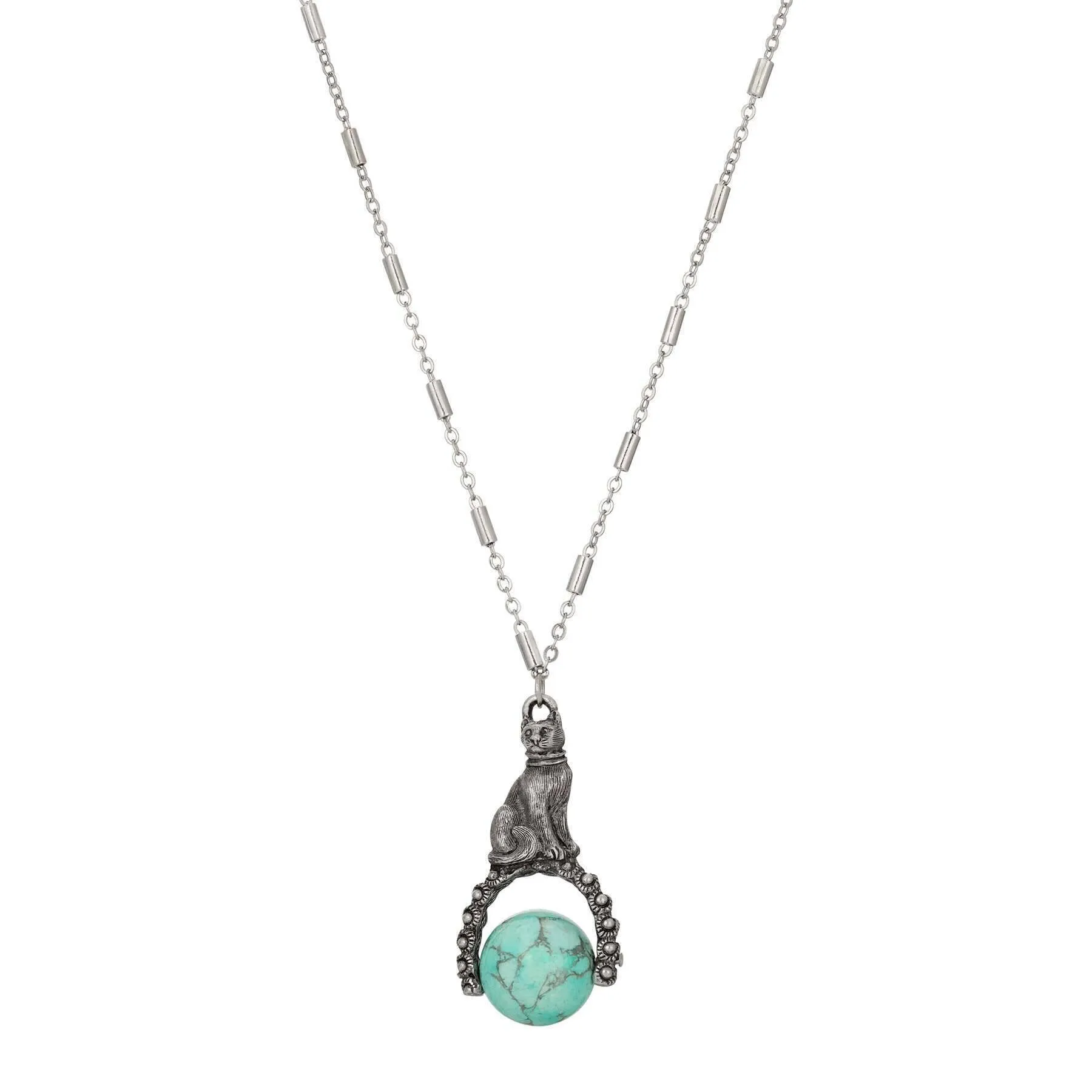 1928 Jewelry Cat & Turquoise Gemstone Spinner Pendant Necklace 28" 1928 Jewelry