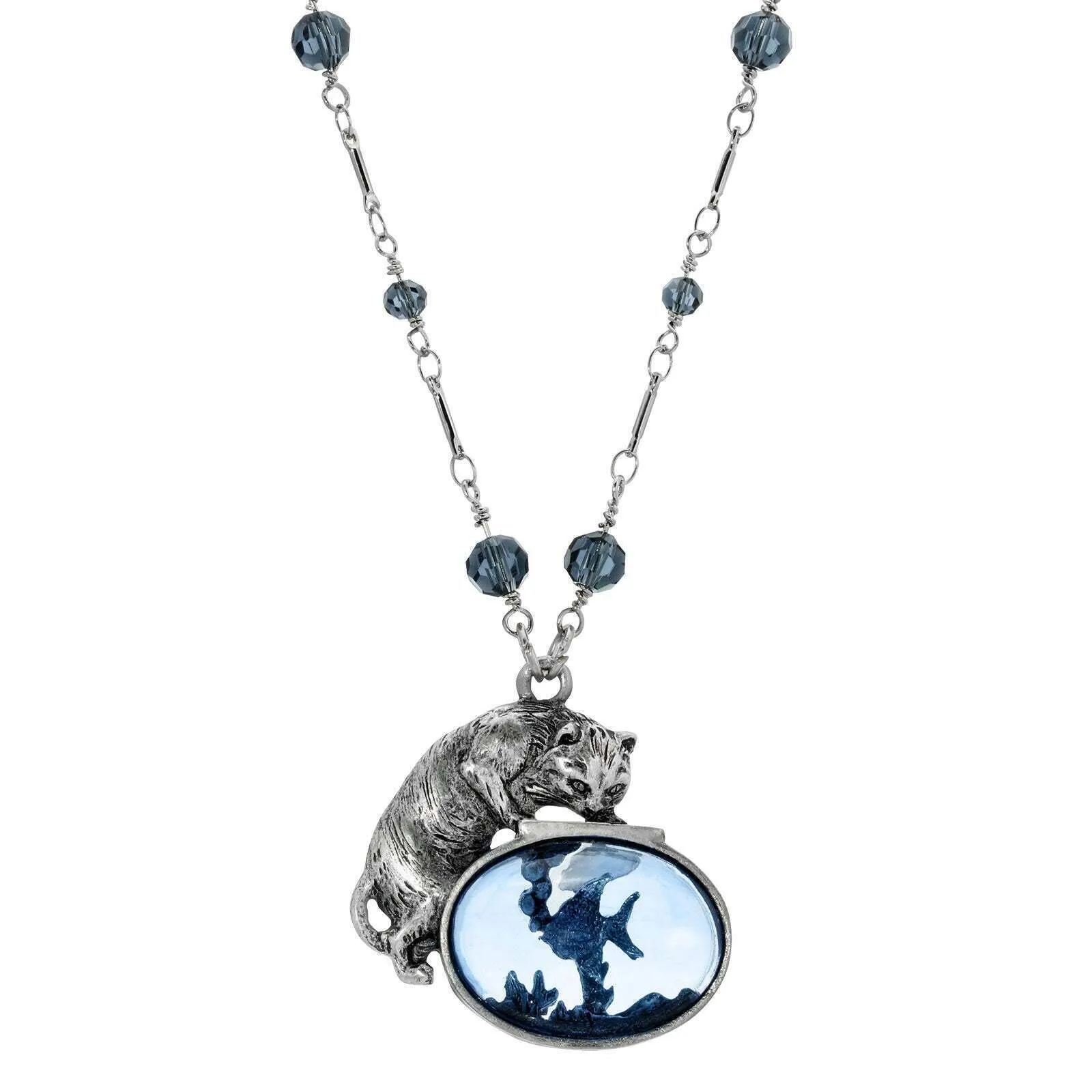 1928 Jewelry Cat And Blue Fish Pendant Necklace 30" 1928 Jewelry