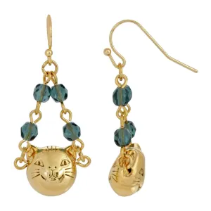 1928 Jewelry Cat Face With  Blue Beaded Chain Drop Wire Earrings 1928 Jewelry