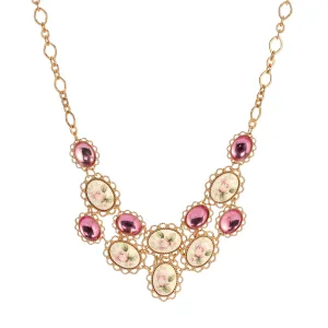 1928 Jewelry Ceramic Rose & Pink Stone Bib Necklace 15"   3" Extension 1928 Jewelry