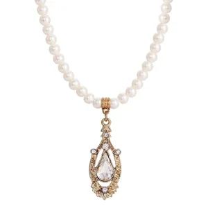 1928 Jewelry Ceremony 5mm Faux Pearl Strand Teardrop Crystal Pendant Necklace 14.5" 1928 Jewelry