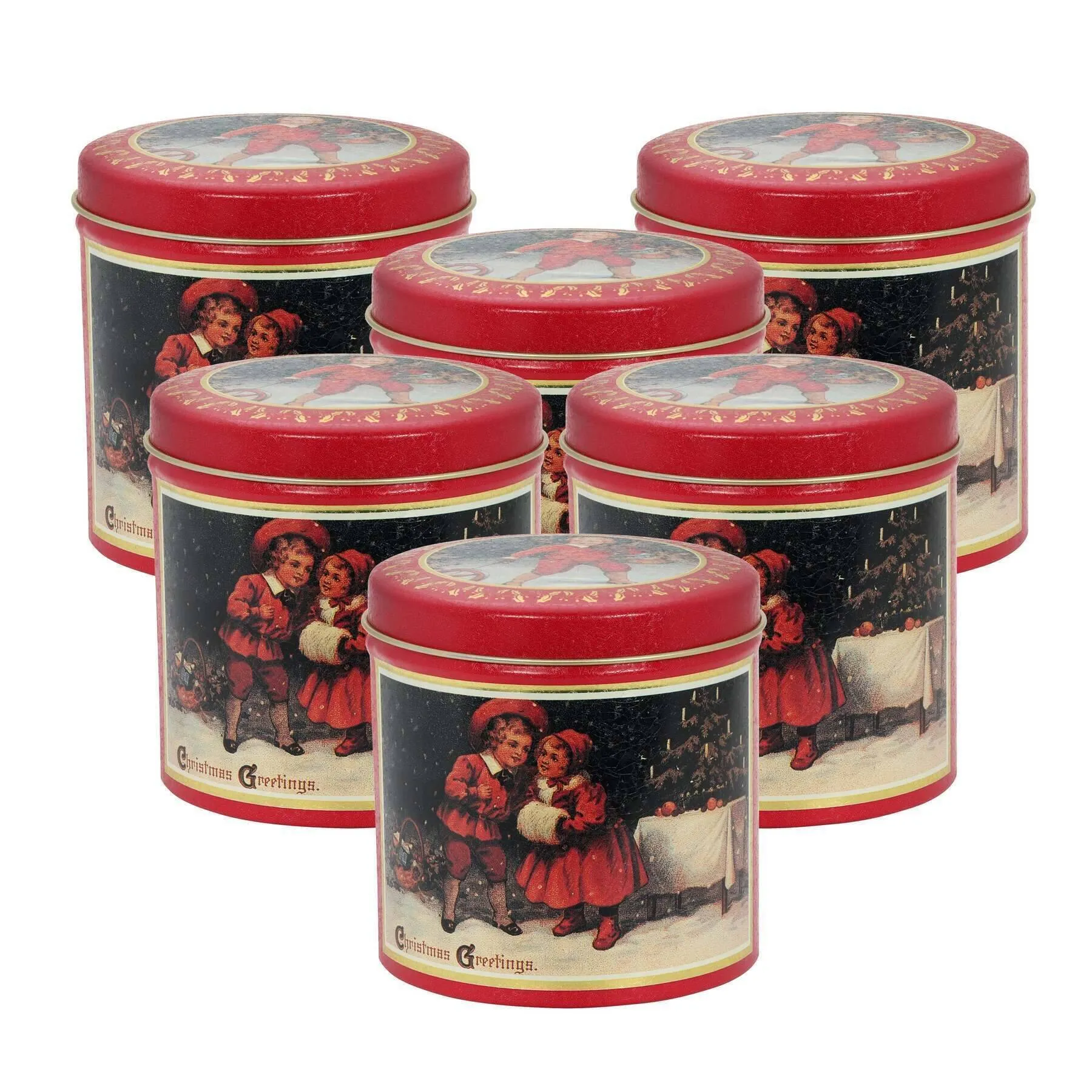 1928 Jewelry Classic Christmas Carolers Distressed Red Round Holiday Tin Box Can Set (Pack Of 6) 1928 Jewelry