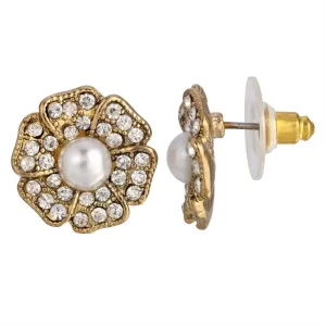 1928 Jewelry Clear Crystal And Faux Pearl Flower Button Earrings 1928 Jewelry