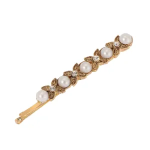 1928 Jewelry Clear Crystal Flower & Faux Pearl Bobby Pin 1928 Jewelry