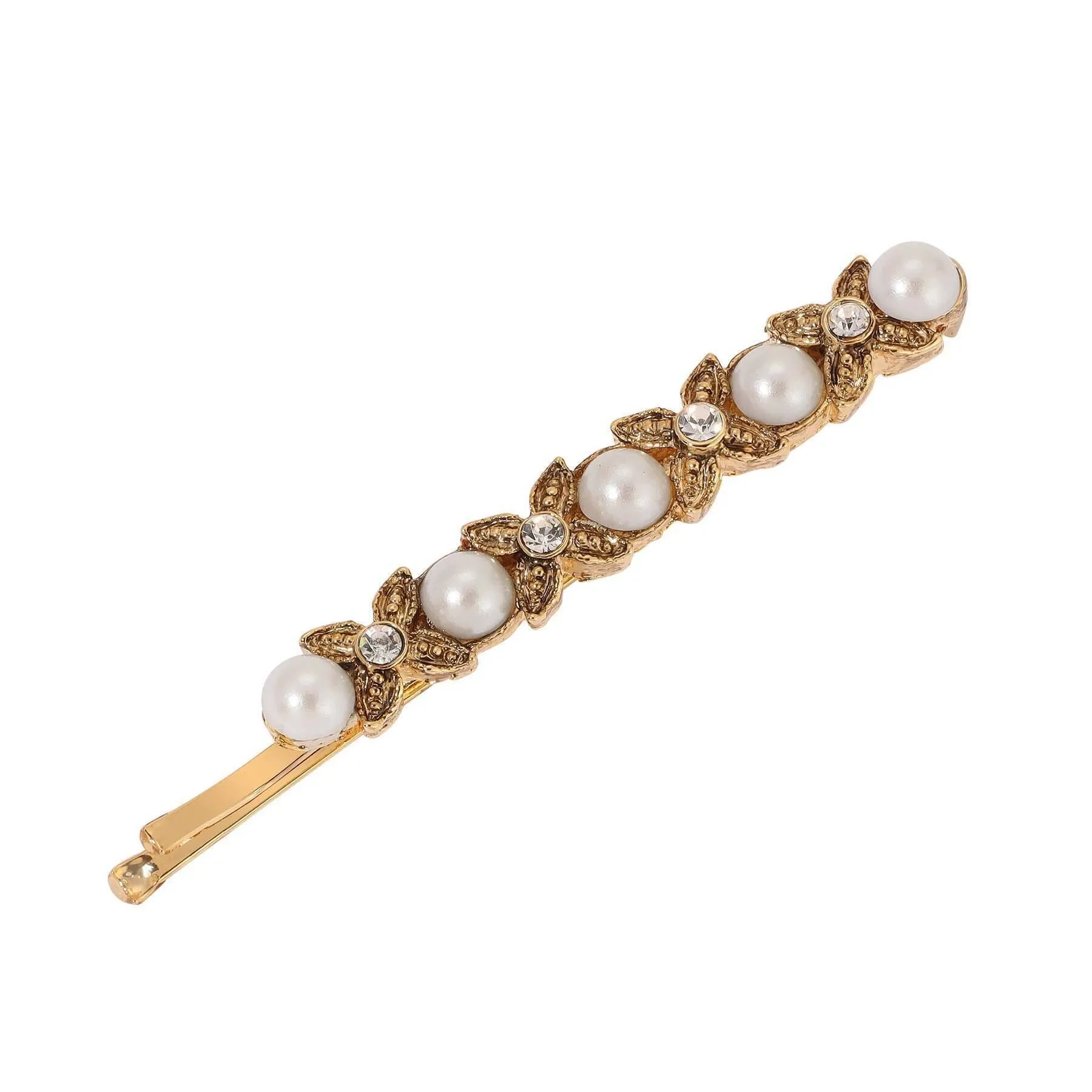 1928 Jewelry Clear Crystal Flower & Faux Pearl Bobby Pin 1928 Jewelry