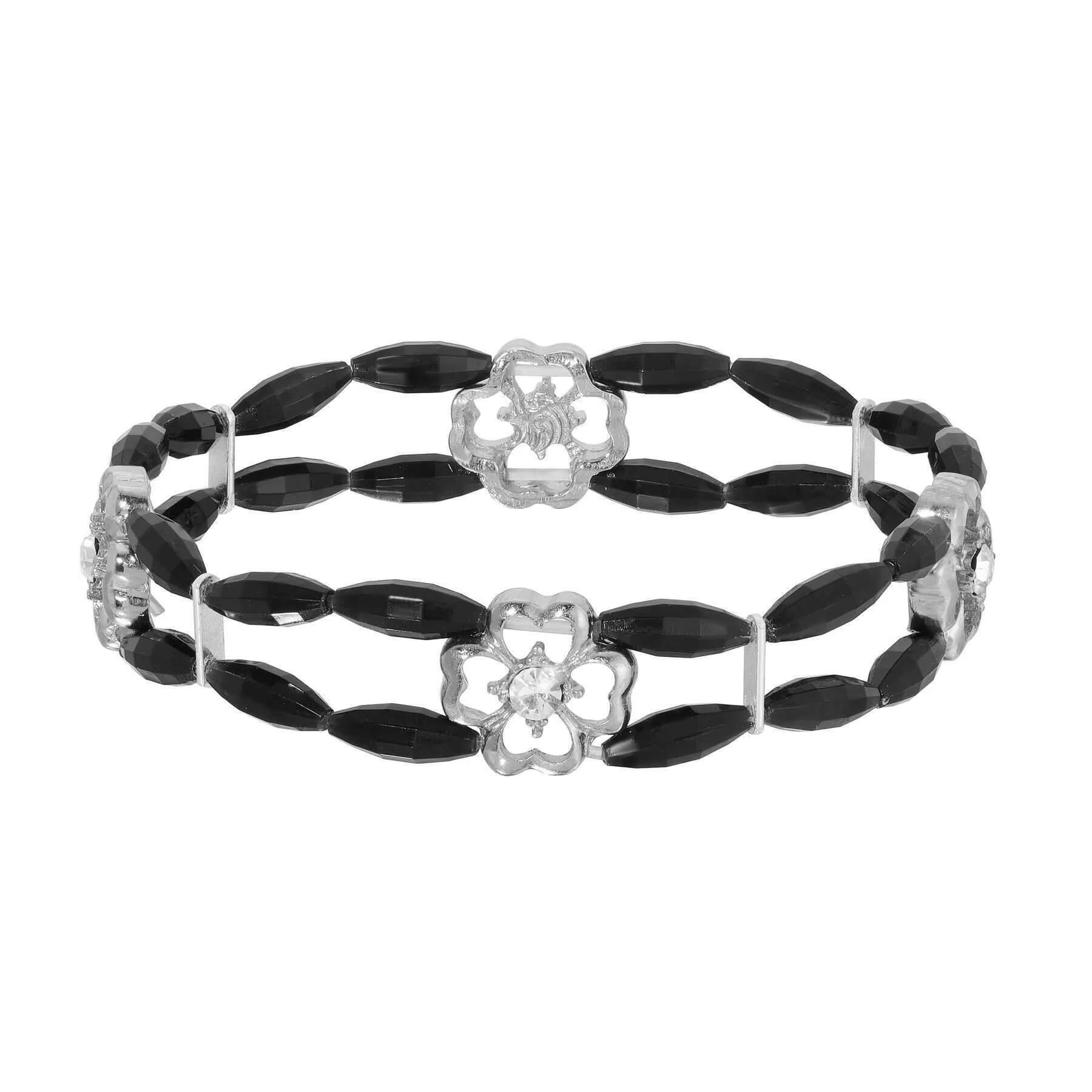 1928 Jewelry Clover & Crystal Jet Black Beaded Stretch Bracelet 1928 Jewelry