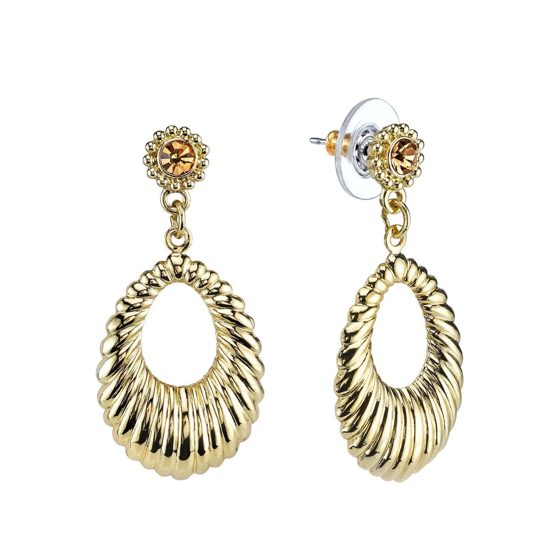 1928 Jewelry Corrugated Hoop Topaz Crystal Accent Post Drop Earrings 1928 Jewelry