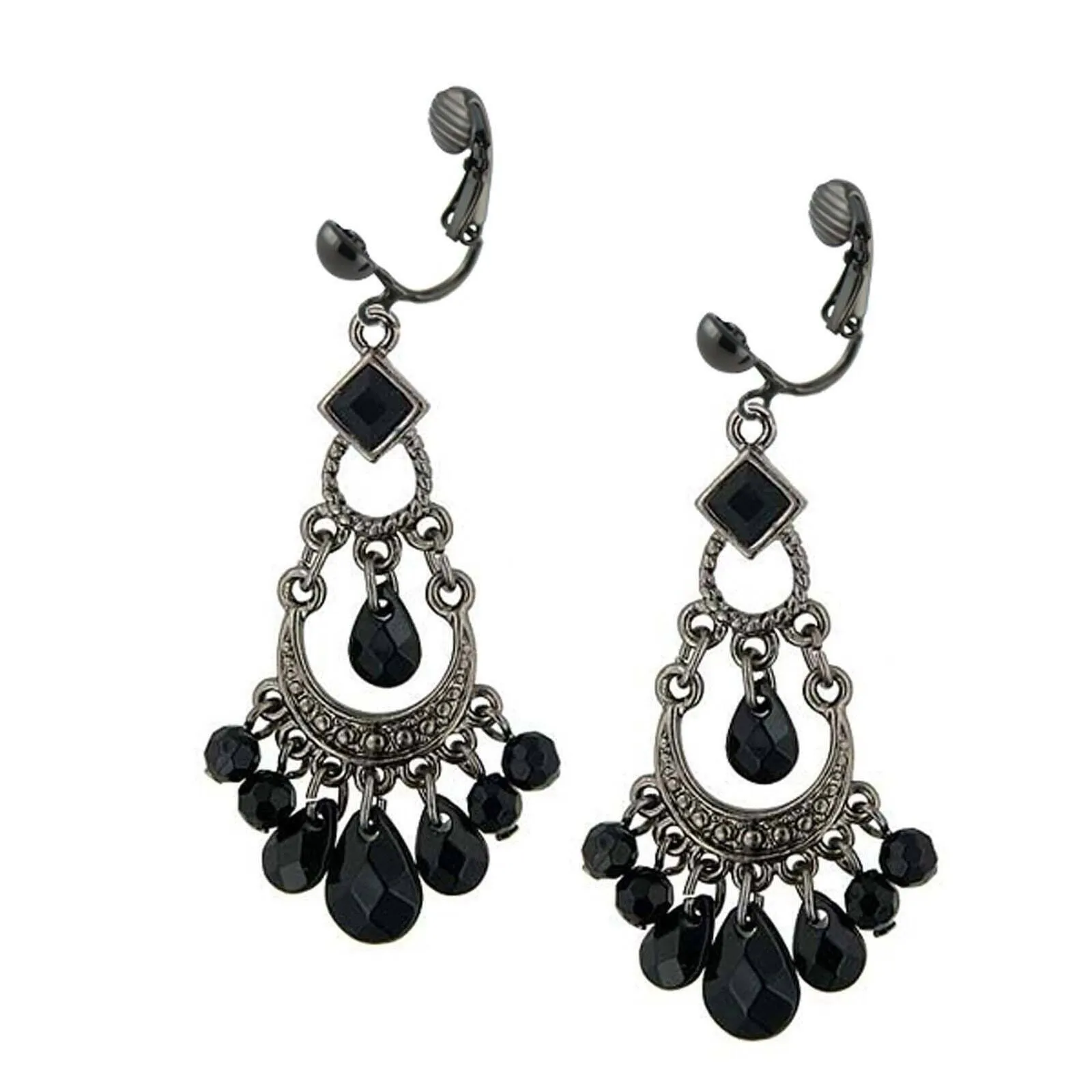 1928 Jewelry Crescent Black Faceted Bead Chandelier Clip On Earrings 1928 Jewelry