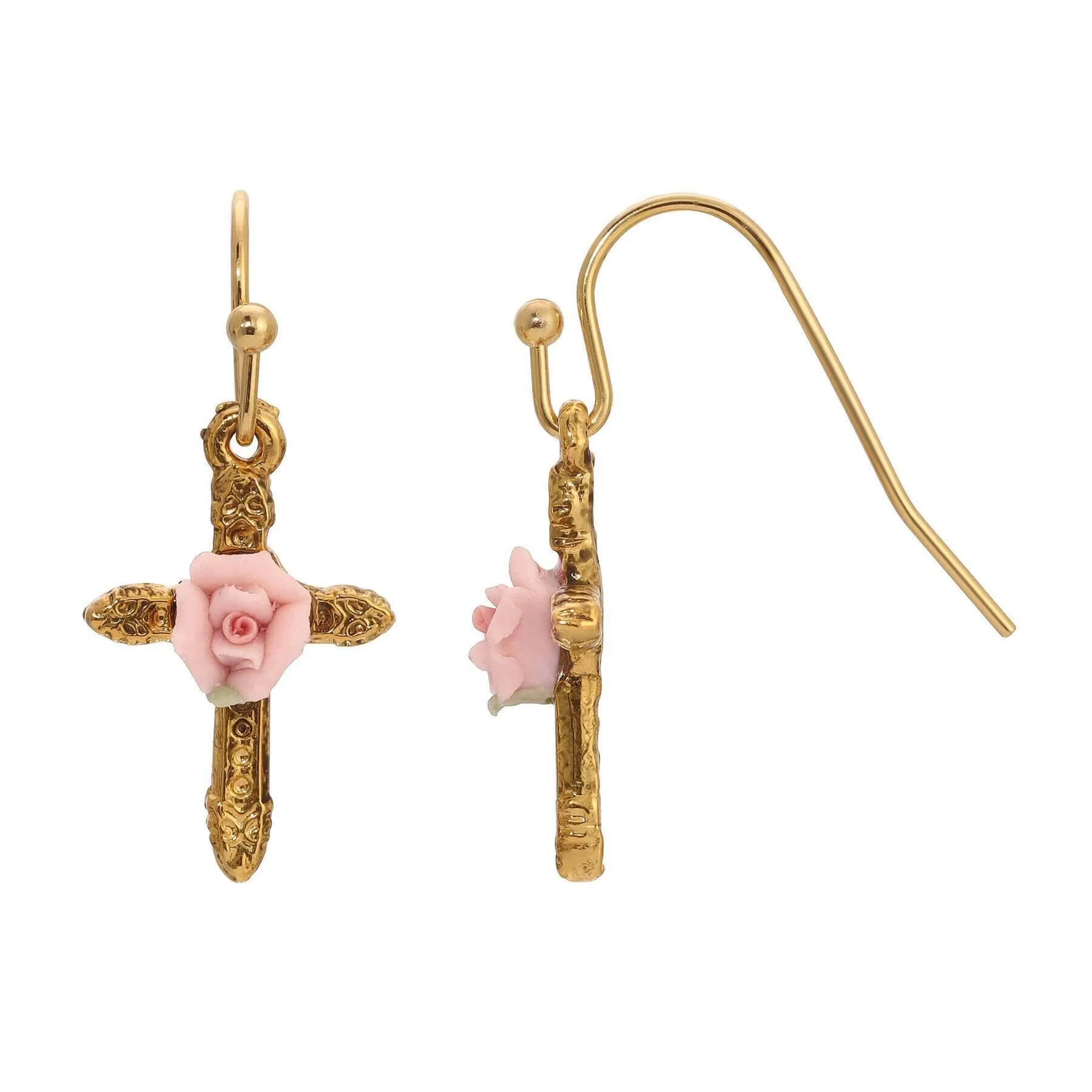 1928 Jewelry Cross & Pink Porcelain Rose Drop Earrings 1928 Jewelry