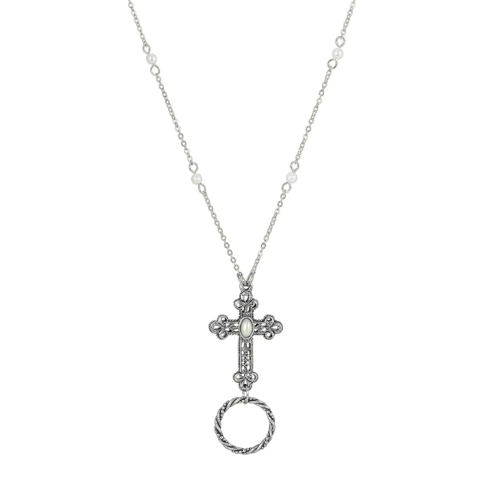 1928 Jewelry Cross Badge & Eyeglass Holder Chain Faux Pearl Necklace 28" 1928 Jewelry