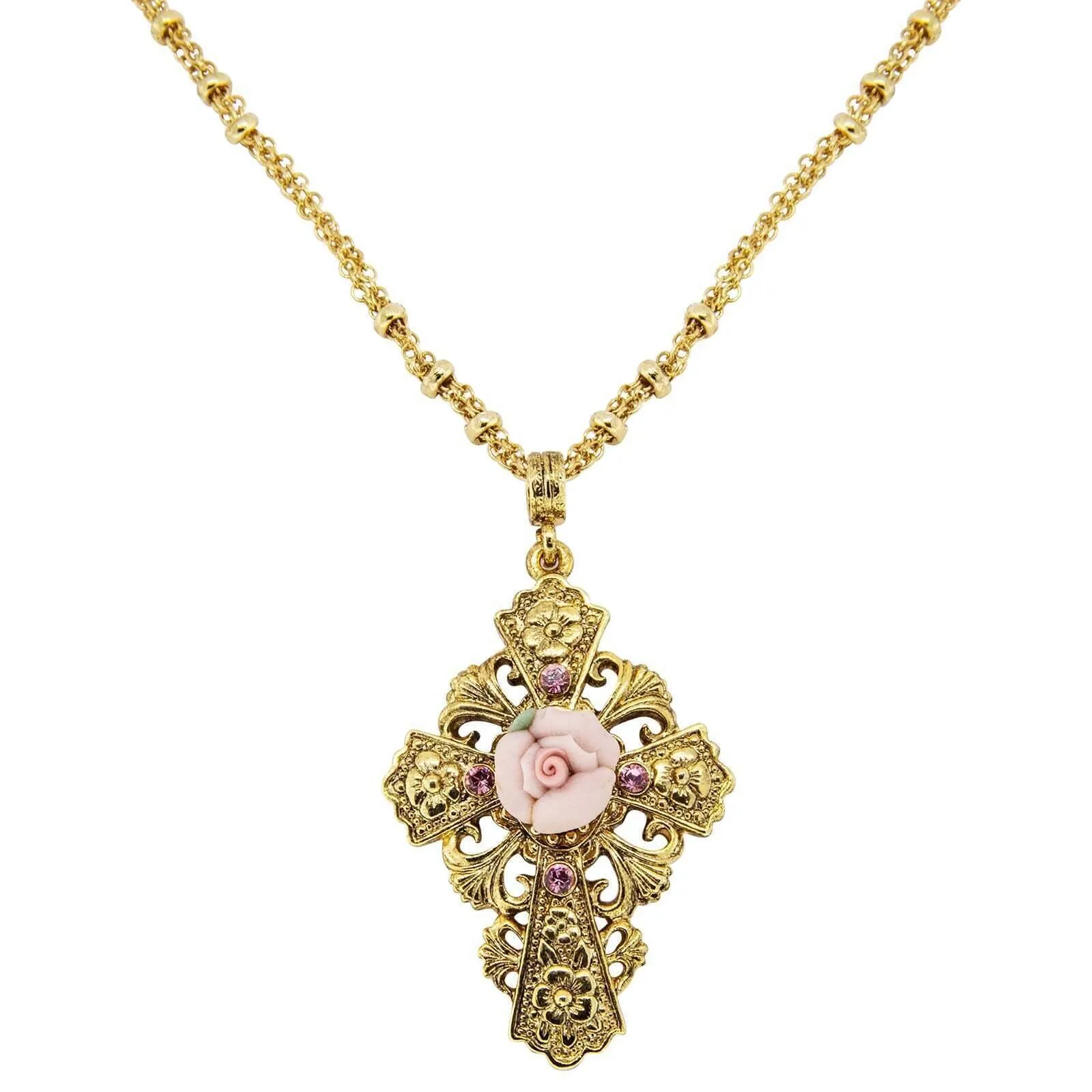 1928 Jewelry Cross Porcelain Rose Cross Pendant Necklace 18" 1928 Jewelry