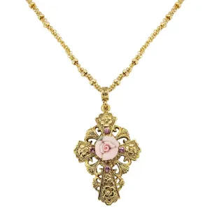 1928 Jewelry Cross Porcelain Rose Cross Pendant Necklace 18" 1928 Jewelry