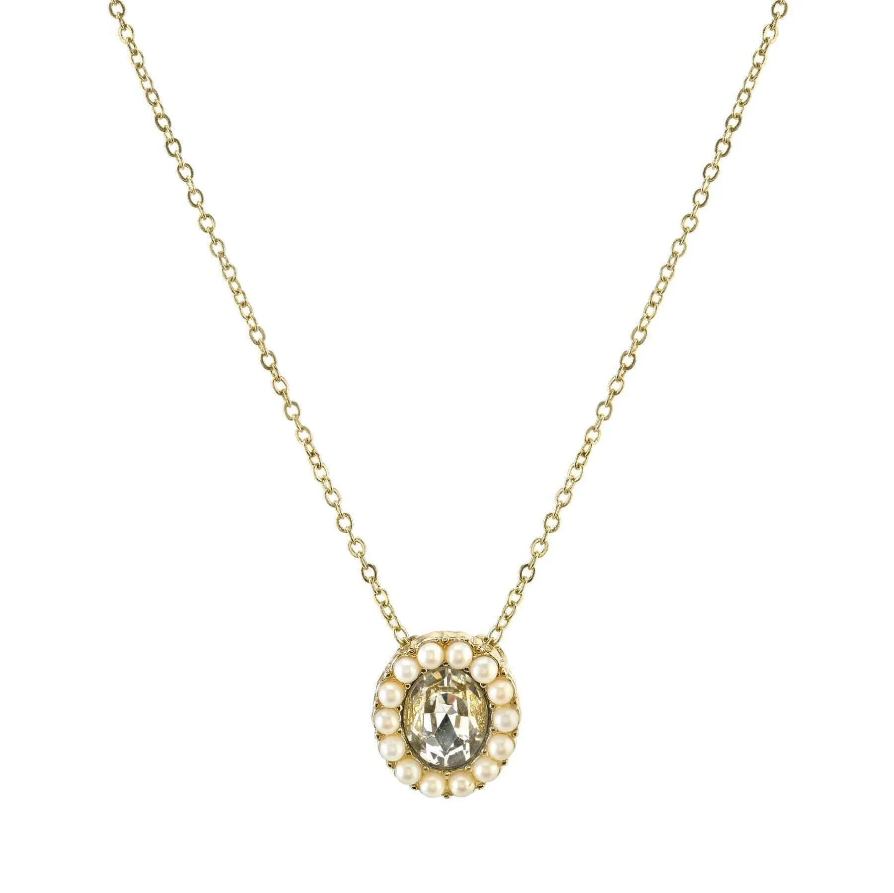 1928 Jewelry Crystal And Faux Pearl Accent Oval Pendant Necklace 16"   3" Extender 1928 Jewelry