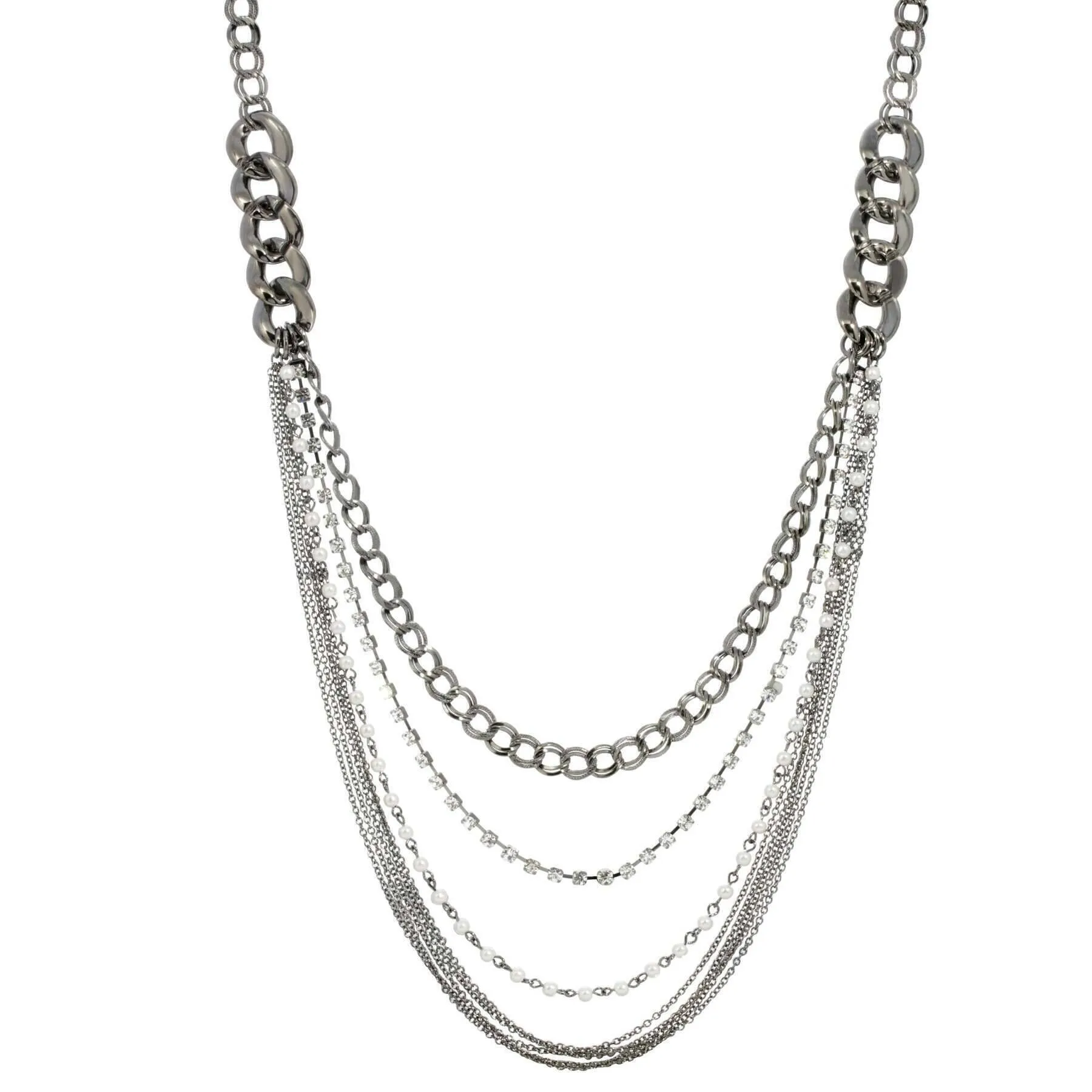 1928 Jewelry Crystal And Faux Pearl Black Multi Chain Link Necklace 32" 1928 Jewelry