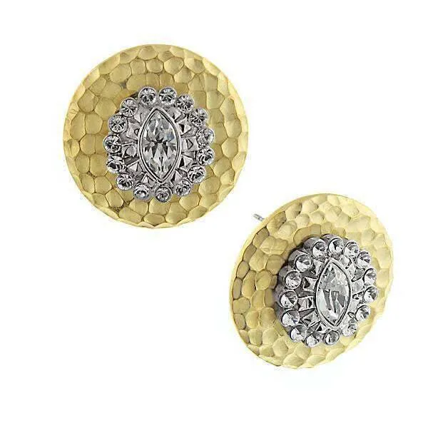 1928 Jewelry Crystal Burst Two Tone Hammered Button Earrings 1928 Jewelry