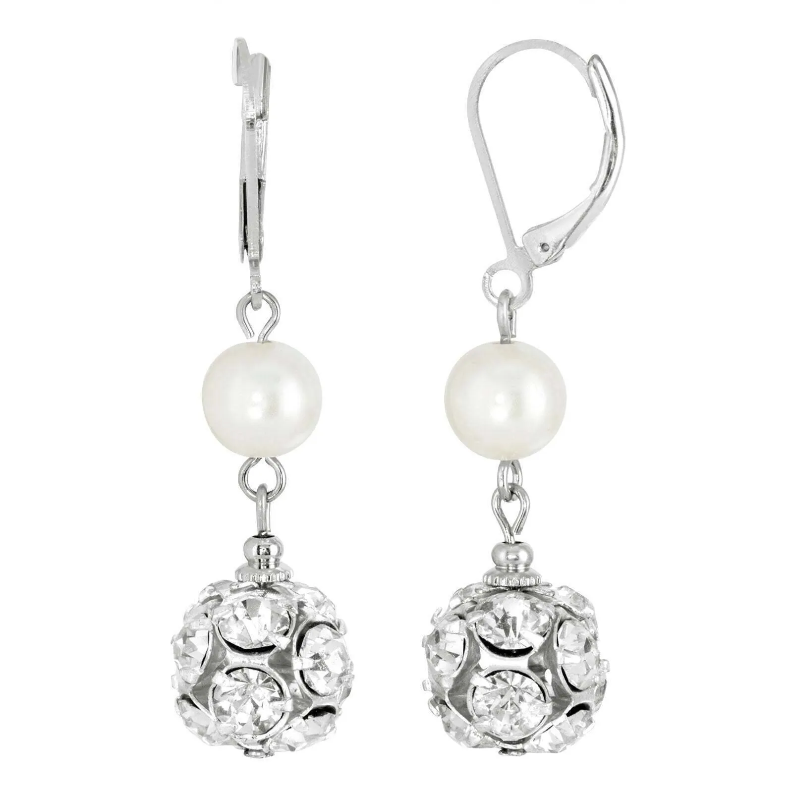 1928 Jewelry Crystal Clear Fireball White Faux Pearl Drop Earrings 1928 Jewelry