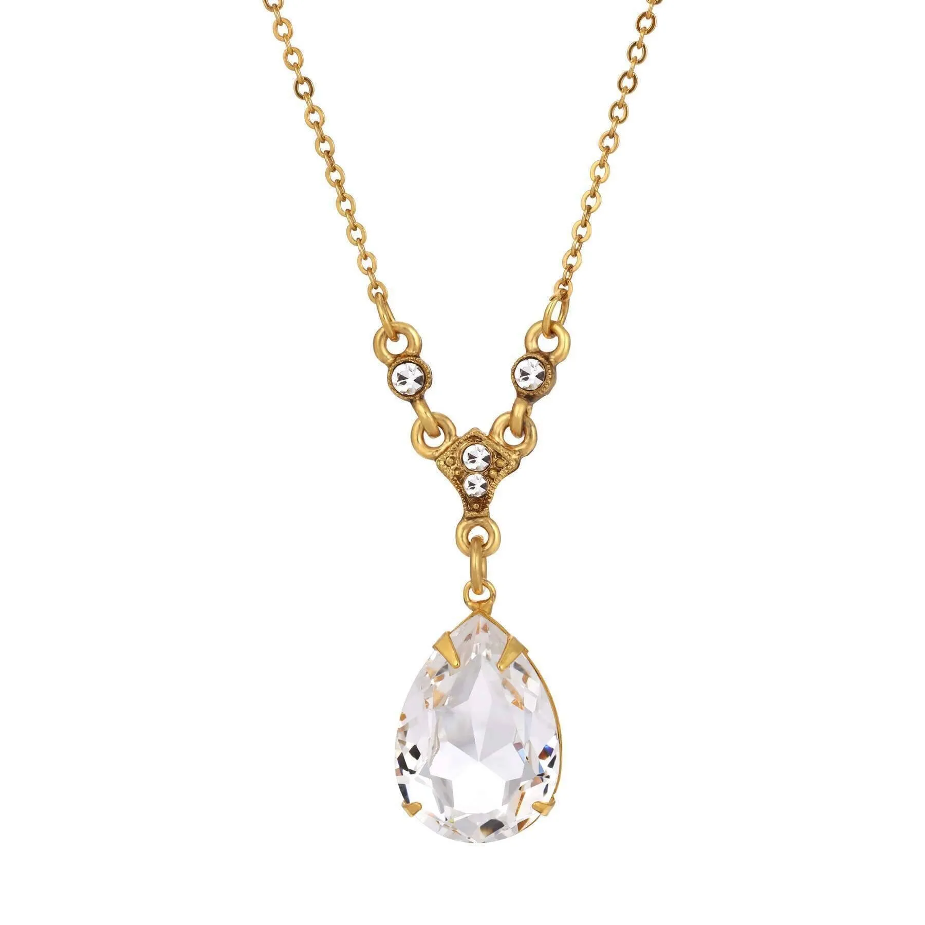 1928 Jewelry Crystal Clear Teardrop Pendant Necklace 16"   3" Extender 1928 Jewelry