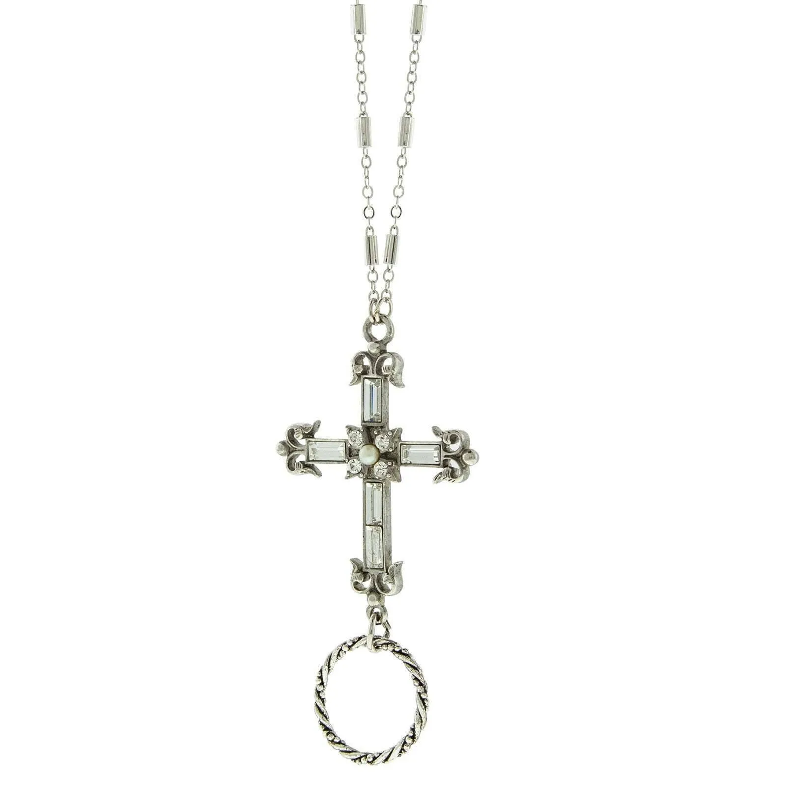 1928 Jewelry Crystal Cross Badge & Eyeglass Holder Chain Necklace 28" 1928 Jewelry