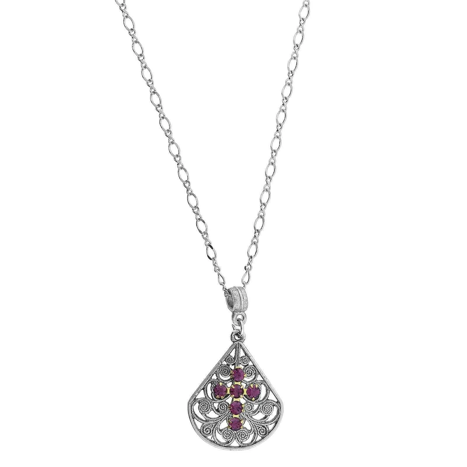 1928 Jewelry Crystal Cross Fan Filigree Teardrop Pendant Necklace 16"   3" Extender 1928 Jewelry