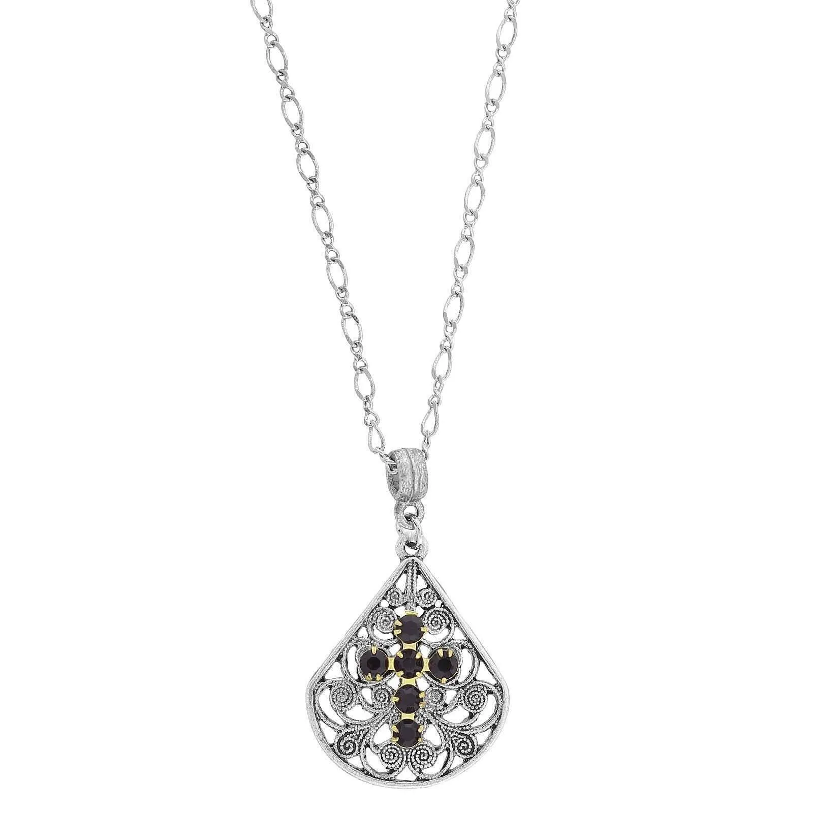 1928 Jewelry Crystal Cross Fan Filigree Teardrop Pendant Necklace 16"   3" Extender 1928 Jewelry