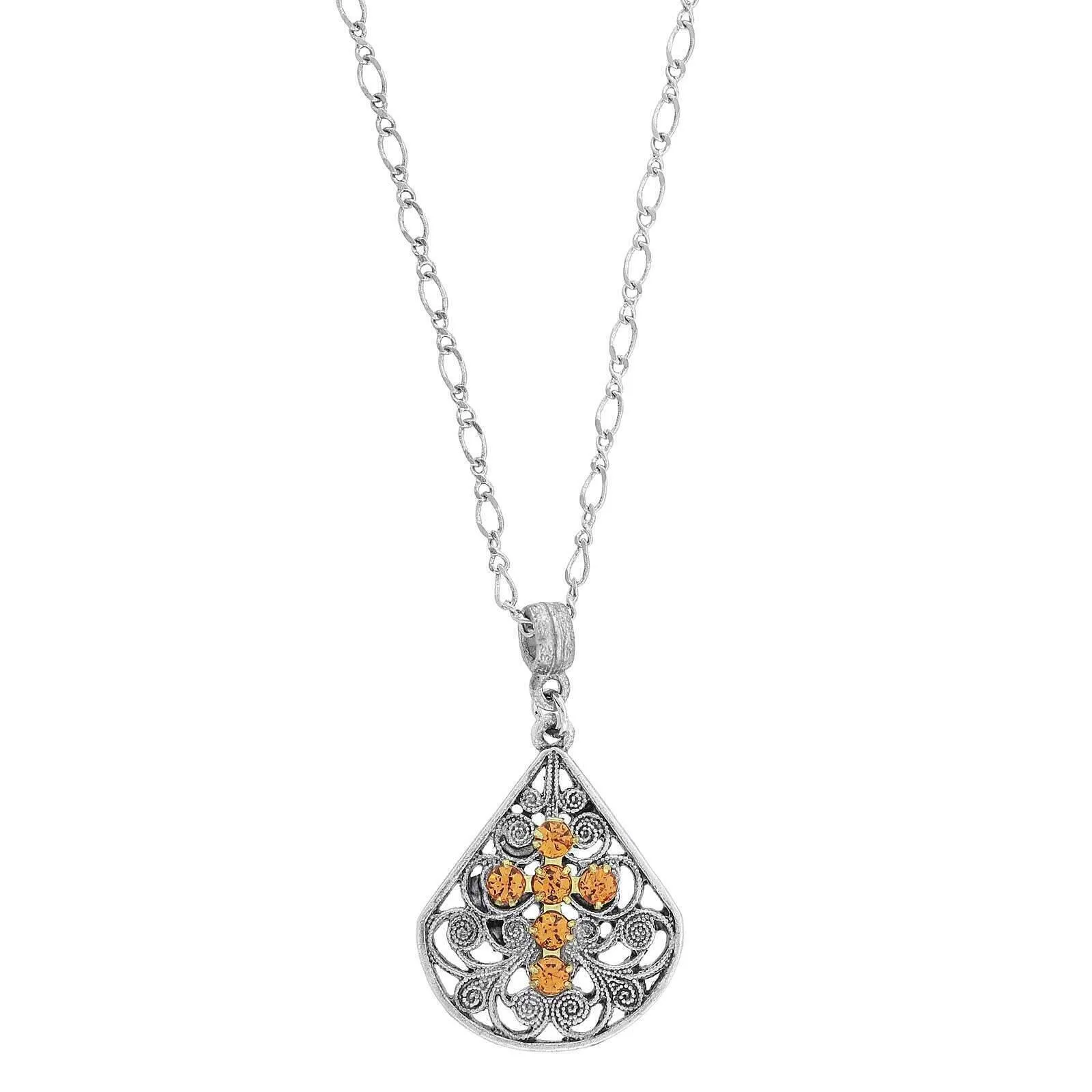 1928 Jewelry Crystal Cross Fan Filigree Teardrop Pendant Necklace 16"   3" Extender 1928 Jewelry